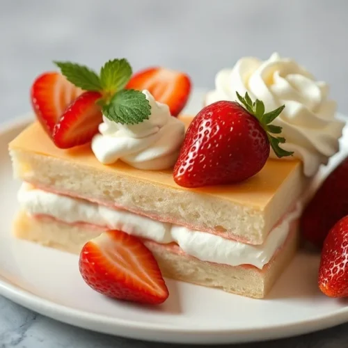 Beautiful Japanese-style fraisier dessert with delicate sponge cake layers, light diplomat cream, and perfectly arranged fres