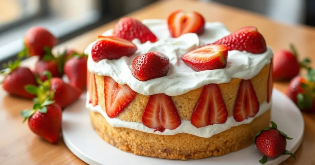Beautiful strawberry cake with light whipped cream, fresh red strawberries arranged on top, elegant French patisserie dessert
