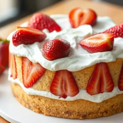 Beautiful strawberry cake with light whipped cream, fresh red strawberries arranged on top, elegant French patisserie dessert