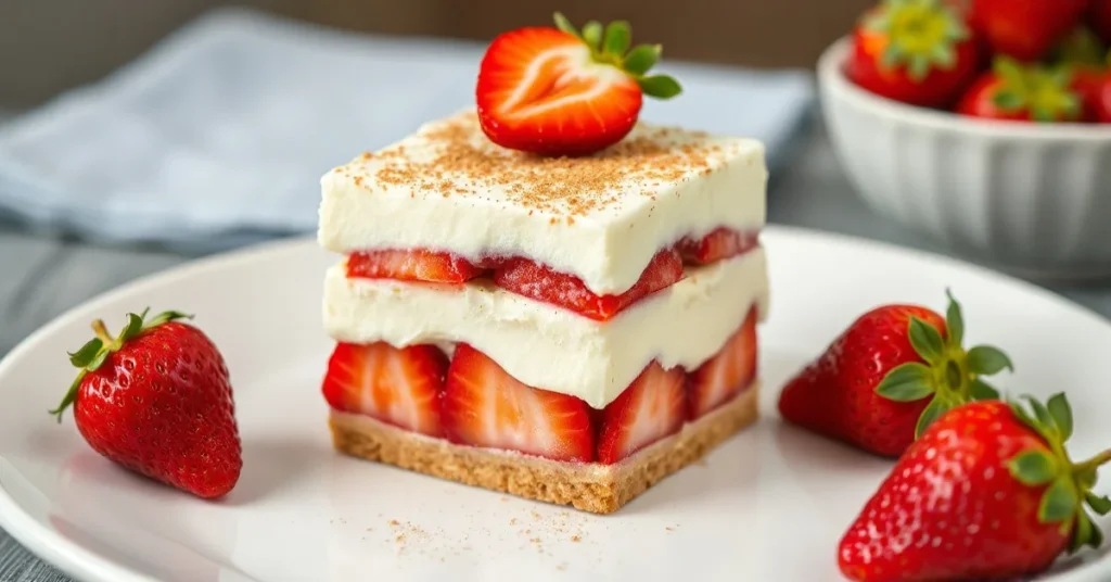 Beautiful summer tiramisu with fresh strawberries, creamy mascarpone layers, ladyfinger biscuits, served on elegant white pla