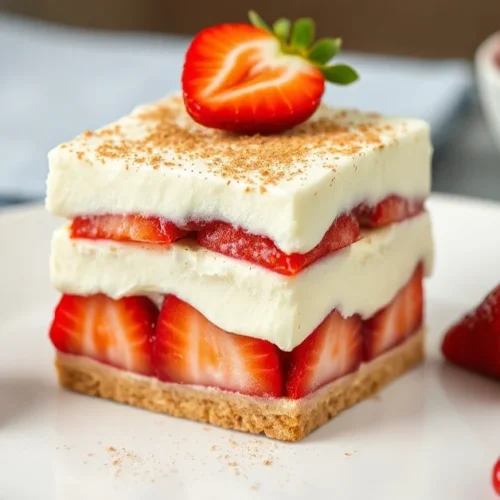 Beautiful summer tiramisu with fresh strawberries, creamy mascarpone layers, ladyfinger biscuits, served on elegant white pla