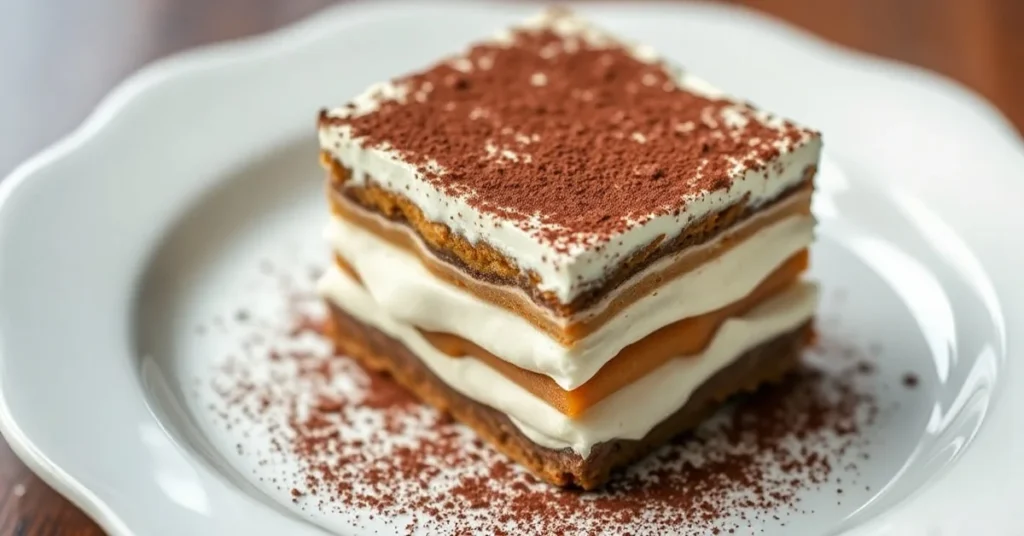Beautiful tiramisu dessert with cacao powder dusting, layered mascarpone cream and coffee-soaked ladyfingers, professional fo