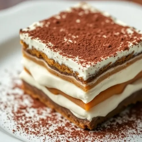 Beautiful tiramisu dessert with cacao powder dusting, layered mascarpone cream and coffee-soaked ladyfingers, professional fo