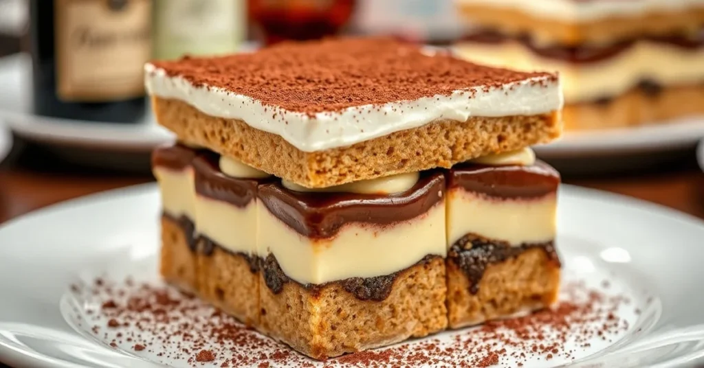 Beautiful tiramisu with amaretto liqueur, classic Italian dessert with cocoa powder dusted on top, elegant plating, coffee an