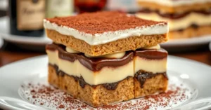 Beautiful tiramisu with amaretto liqueur, classic Italian dessert with cocoa powder dusted on top, elegant plating, coffee an