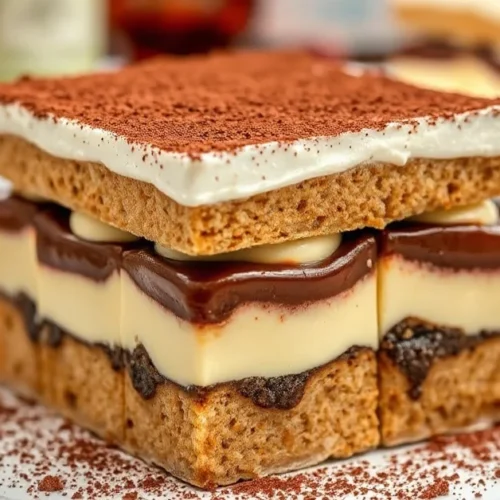 Beautiful tiramisu with amaretto liqueur, classic Italian dessert with cocoa powder dusted on top, elegant plating, coffee an