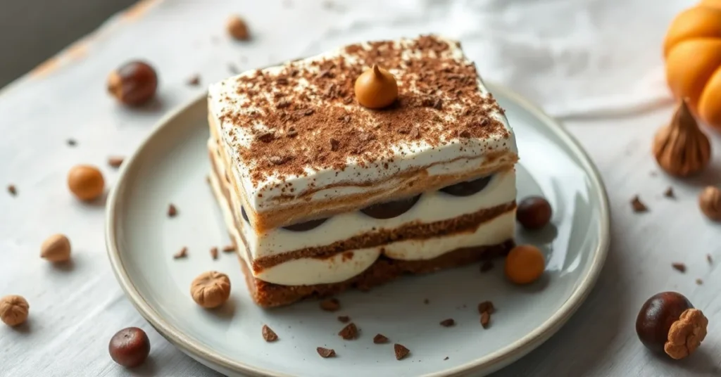 Beautiful tiramisu with chestnut cream layers, luxurious mascarpone, dusted with cocoa powder and hazelnut, autumn dessert pr