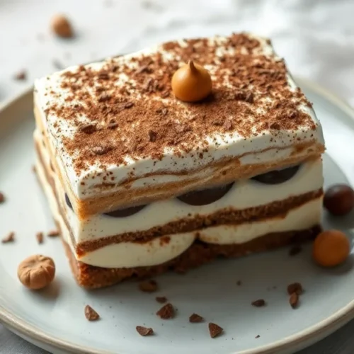 Beautiful tiramisu with chestnut cream layers, luxurious mascarpone, dusted with cocoa powder and hazelnut, autumn dessert pr