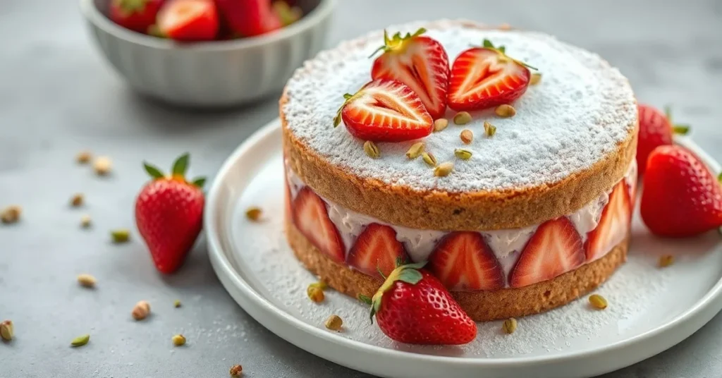 Beautiful vegan strawberry cake fraisier with fresh strawberries, pistachio garnish, elegant presentation, professional food