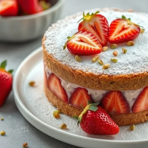 Beautiful vegan strawberry cake fraisier with fresh strawberries, pistachio garnish, elegant presentation, professional food