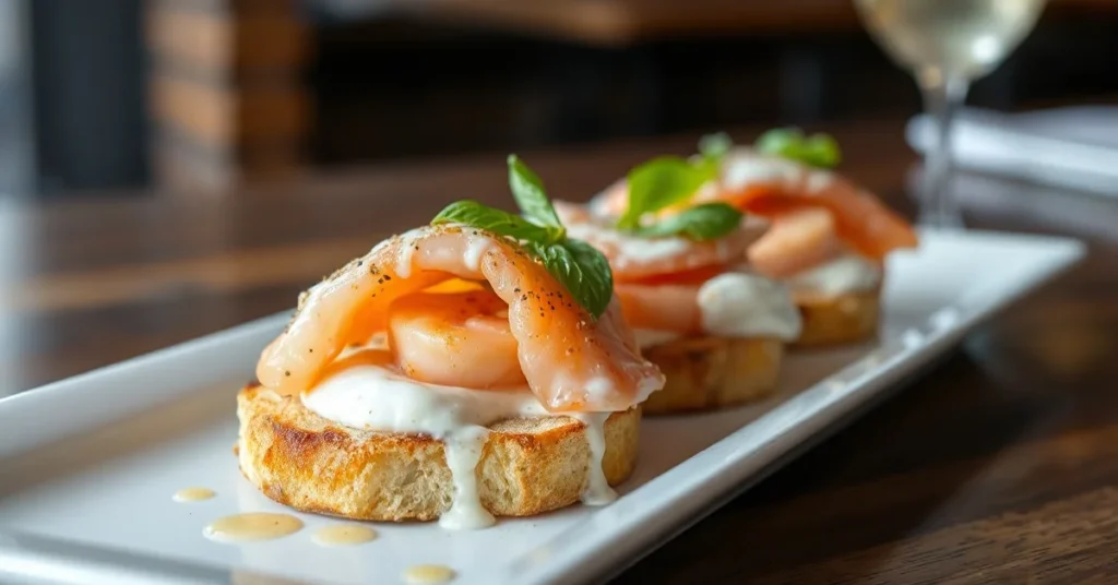 Bruschetta saumon frais gourmet, pain grillé croustillant, saumon rose pale, crème blanche, aneth vert, citron, présentati