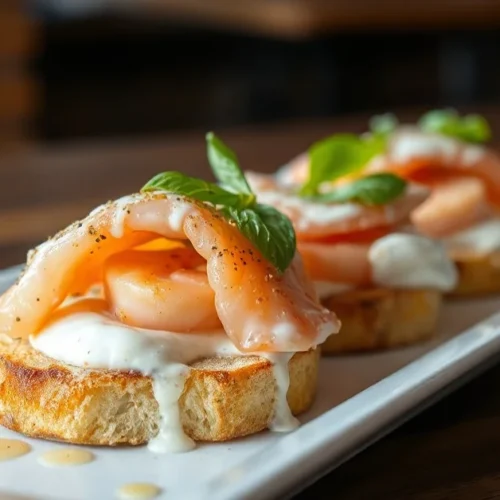 Bruschetta saumon frais gourmet, pain grillé croustillant, saumon rose pale, crème blanche, aneth vert, citron, présentati