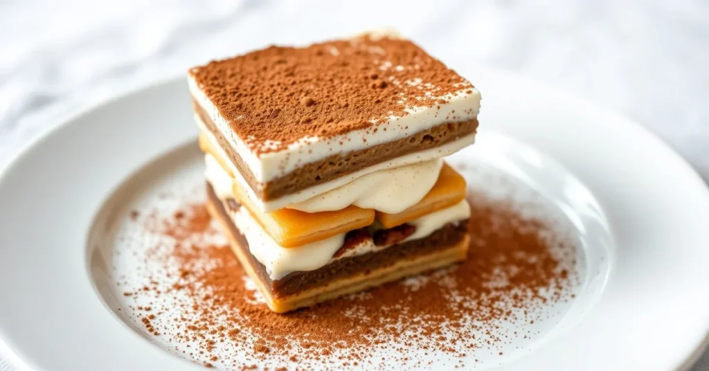 Classic authentic Italian tiramisu dessert with cocoa powder, layered mascarpone cream, Savoiardi biscuits, coffee, elegant p
