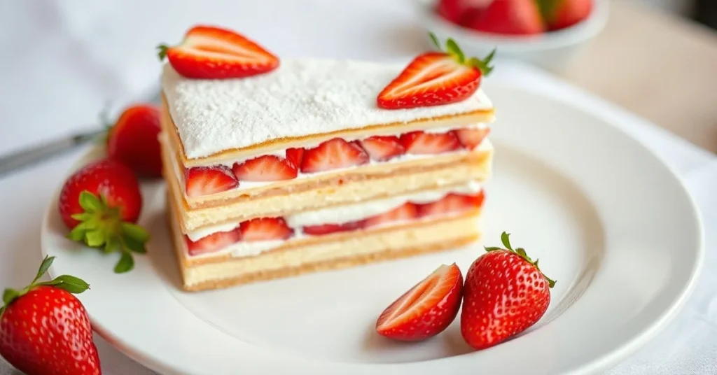 Classic French Fraisier dessert with fresh strawberries, elegant presentation, layered cake with red fruits on white plate, g
