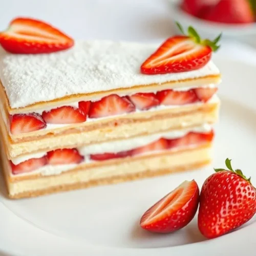 Classic French Fraisier dessert with fresh strawberries, elegant presentation, layered cake with red fruits on white plate, g