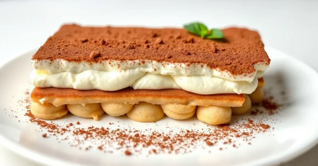Classic Italian tiramisu dessert with cocoa powder dusting, mascarpone cream layers, and ladyfinger biscuits, elegant plating