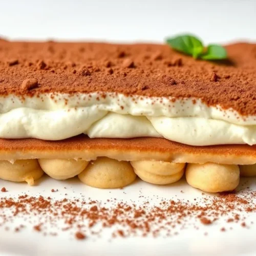 Classic Italian tiramisu dessert with cocoa powder dusting, mascarpone cream layers, and ladyfinger biscuits, elegant plating