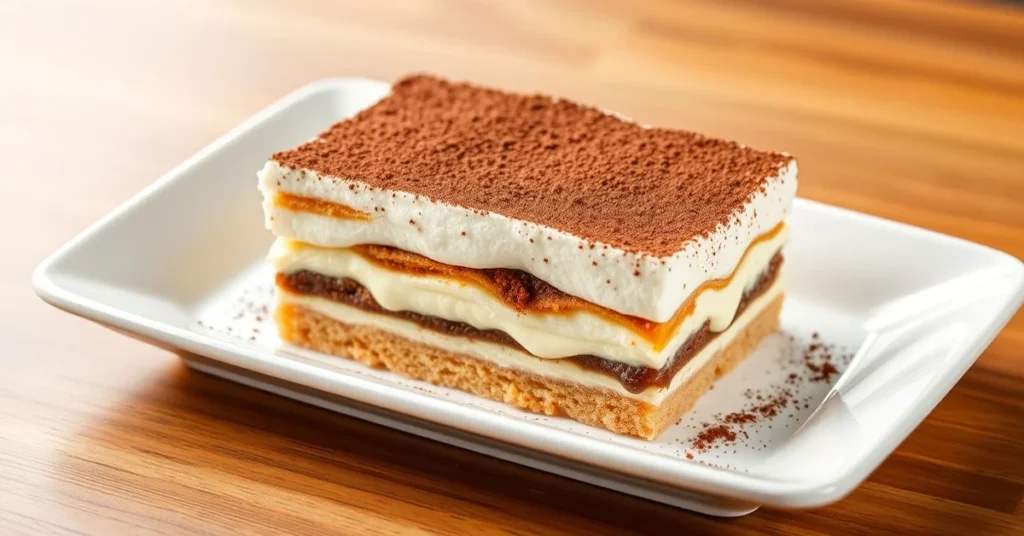 Classic tiramisu dessert in rectangular dish, layered mascarpone cream, cocoa powder dusted top, Italian dessert, professiona