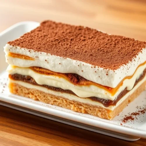 Classic tiramisu dessert in rectangular dish, layered mascarpone cream, cocoa powder dusted top, Italian dessert, professiona