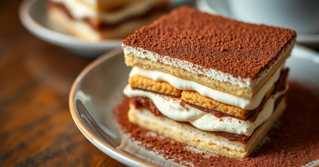 Classic tiramisu dessert with cocoa powder dusting, layers of ladyfinger biscuits and mascarpone cream visible, elegant plati