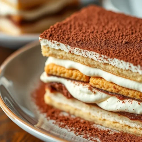 Classic tiramisu dessert with cocoa powder dusting, layers of ladyfinger biscuits and mascarpone cream visible, elegant plati