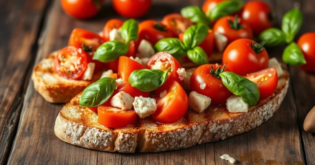 Classical Italian bruschetta with ripe tomatoes, fresh basil, garlic and olive oil on grilled bread, rustic wooden table, app