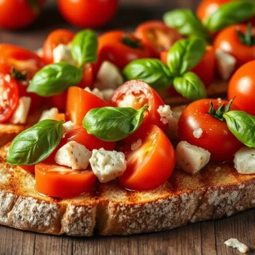 Classical Italian bruschetta with ripe tomatoes, fresh basil, garlic and olive oil on grilled bread, rustic wooden table, app