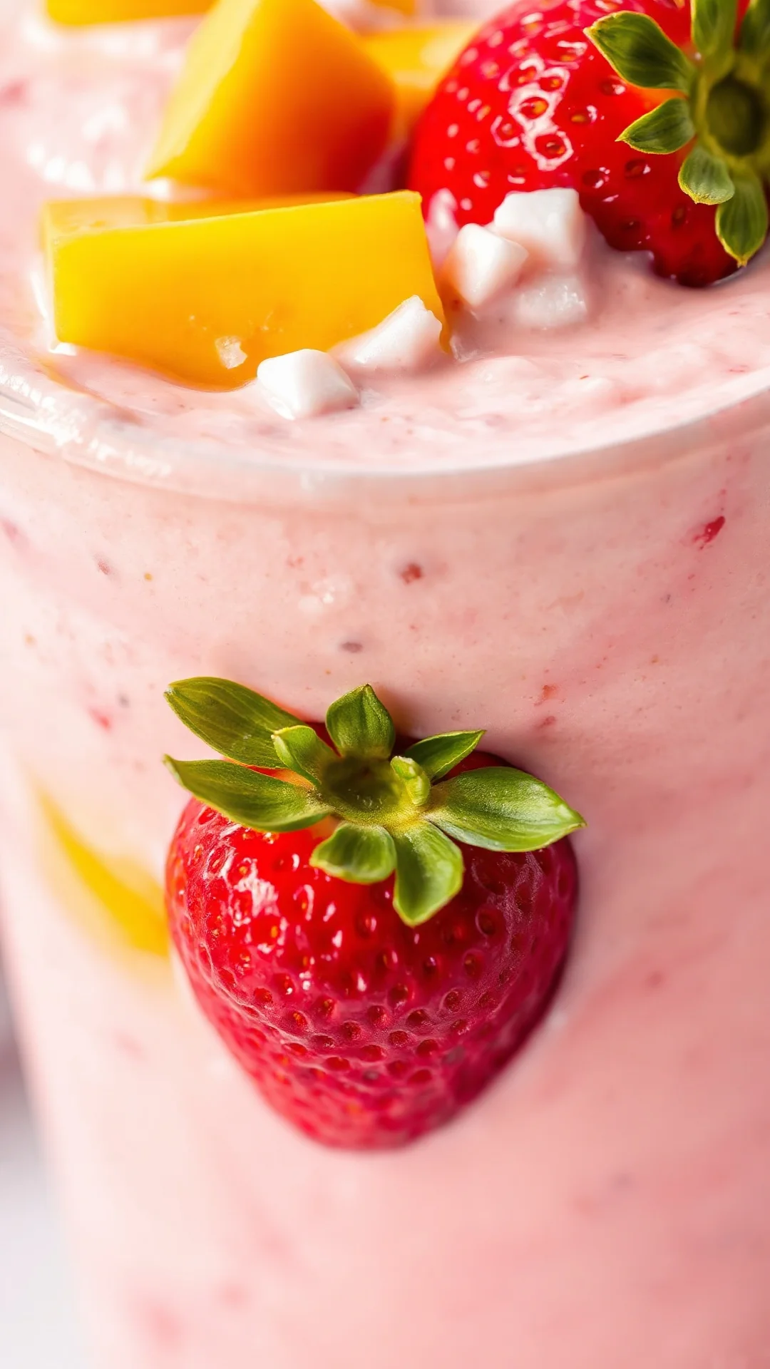 Close-up creamy smoothie texture with fresh strawberry, mango chunks, coconut milk foam, vibrant pink and orange colors, trop