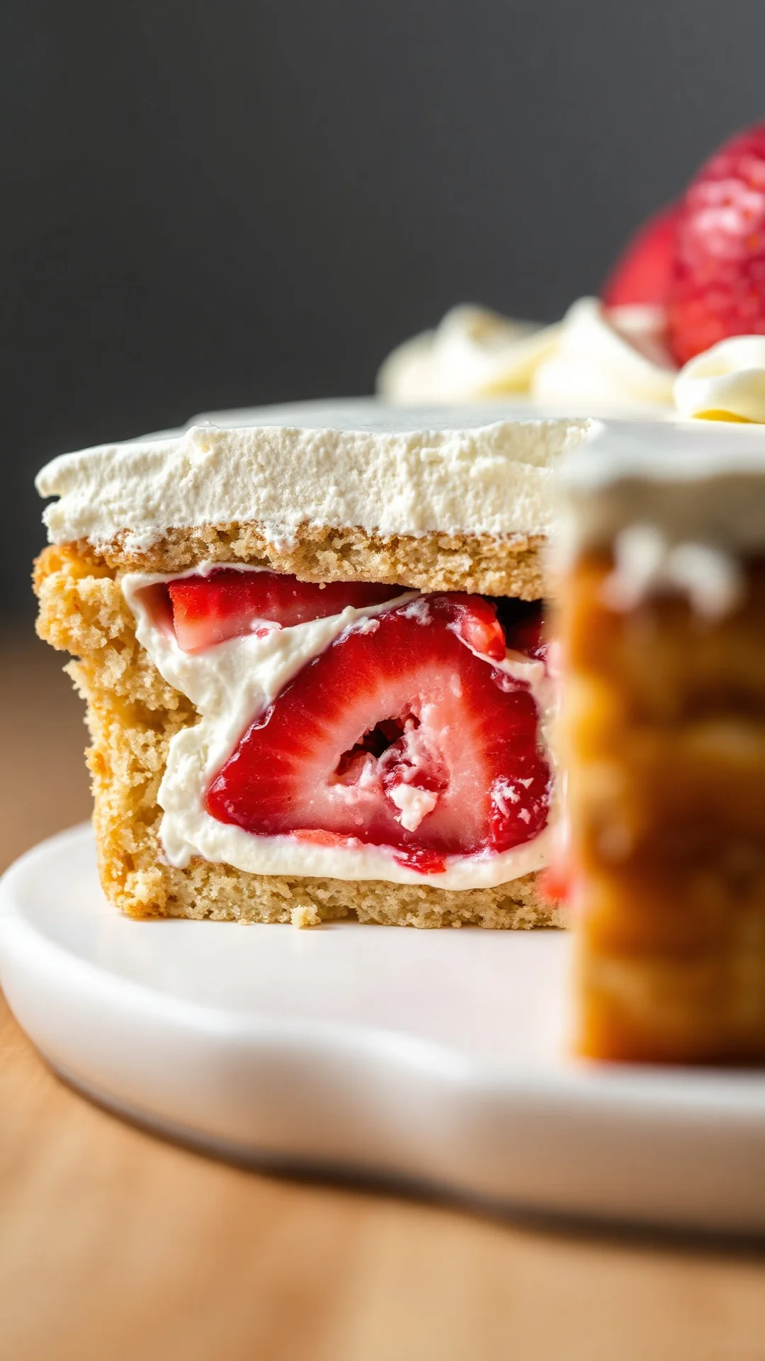 Close-up cross-section fraisier cake showing creamy mascarpone chantilly layers with fresh strawberries, rich pastry texture