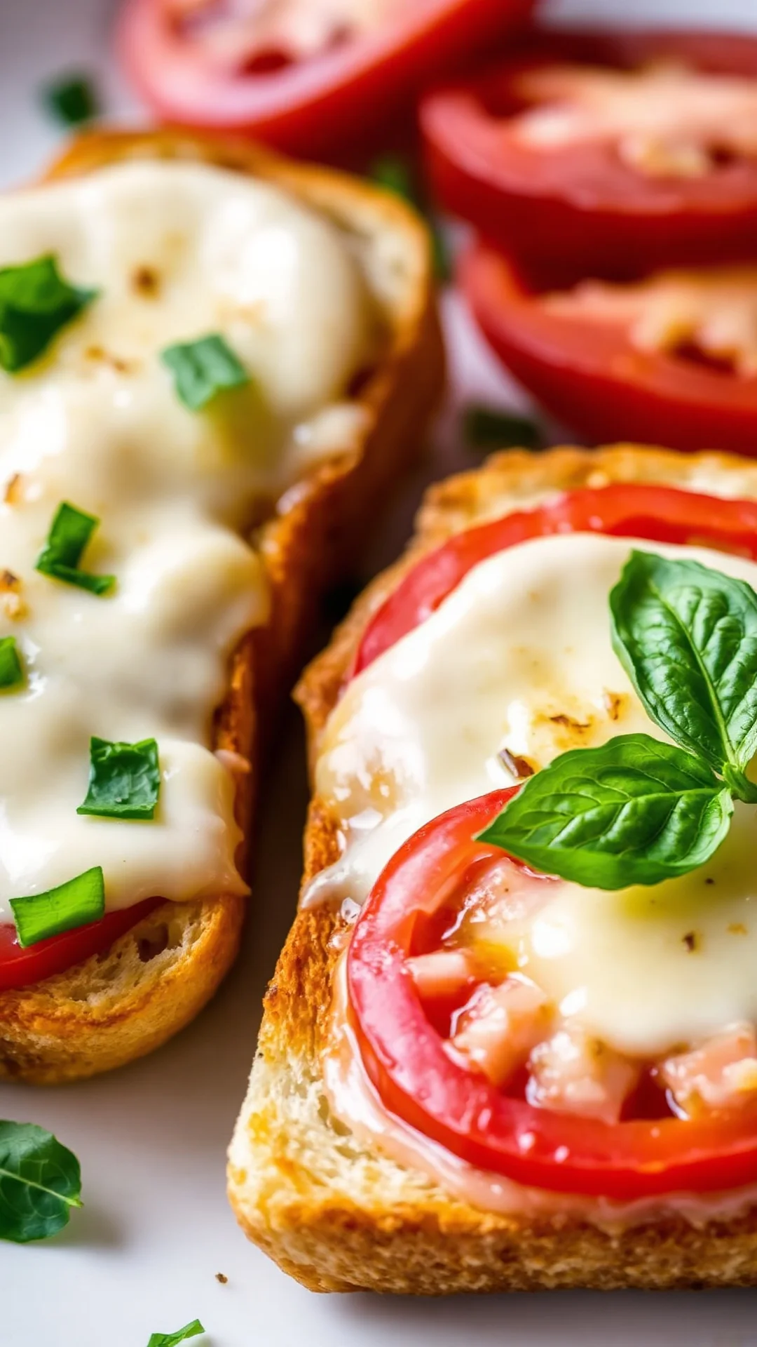 Close-up detail of bruschetta with melted cheese and tomatoes, fresh basil garnish, golden crispy bread, professional food ma