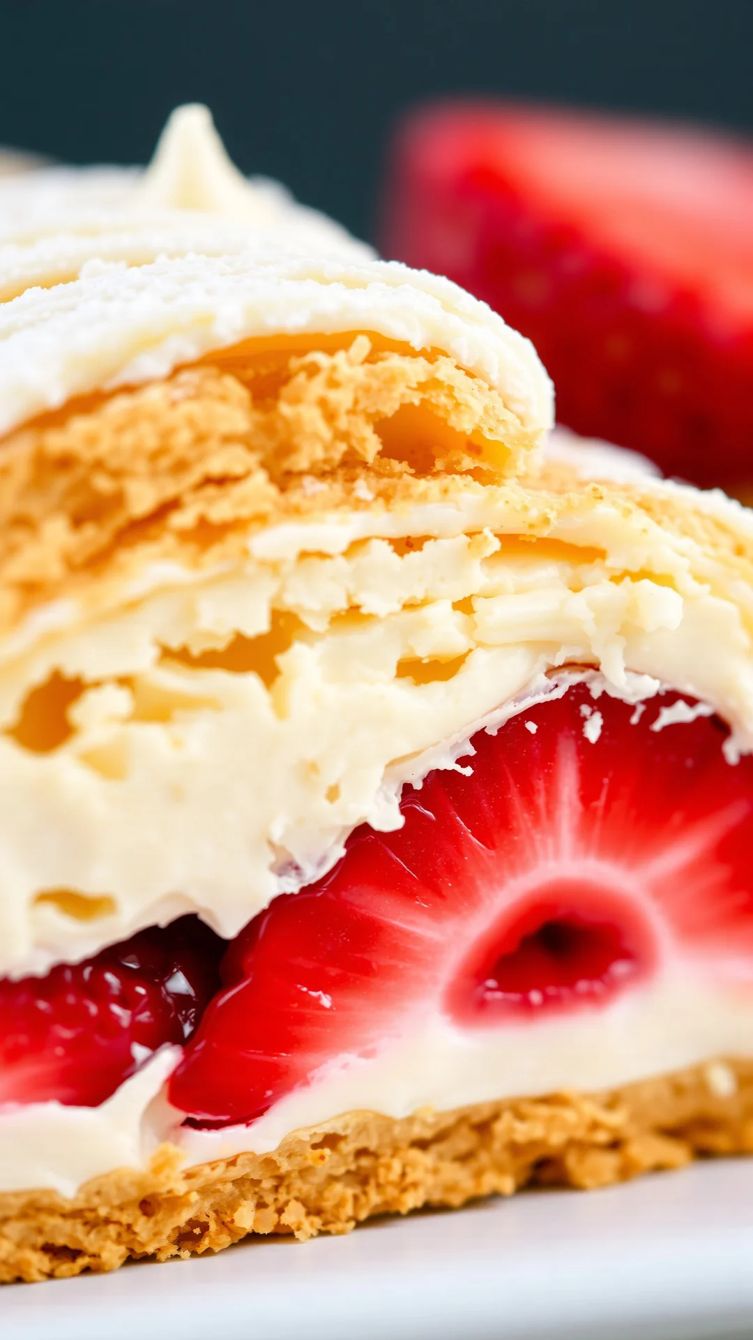 Close-up detail of creamy diplomatic cream layers with fresh red strawberries, delicate pastry slice cross-section, rich culi