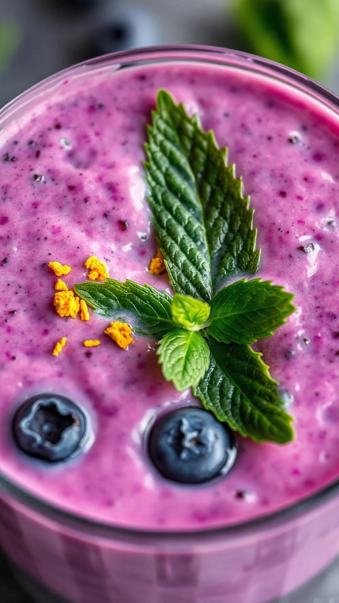 Close-up detail of creamy purple smoothie with turmeric and ginger visible, fresh blueberries and mint leaf garnish, glass ma