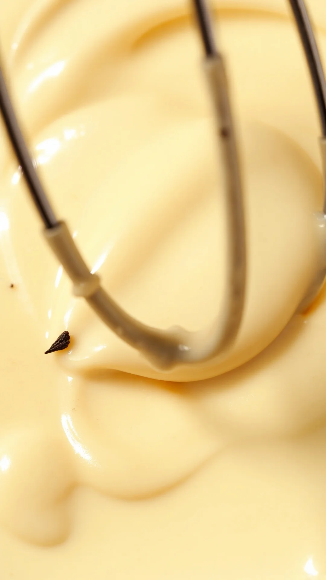 Close-up detail of creamy vanilla pastry cream texture, whisk stirring smooth custard, vanilla bean specks visible, professio