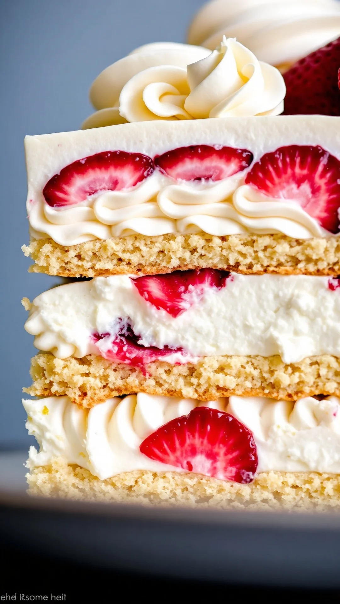 Close-up detail of Fraisier cake cross-section showing layers of sponge cake, creamy mousse filling and fresh red strawberrie