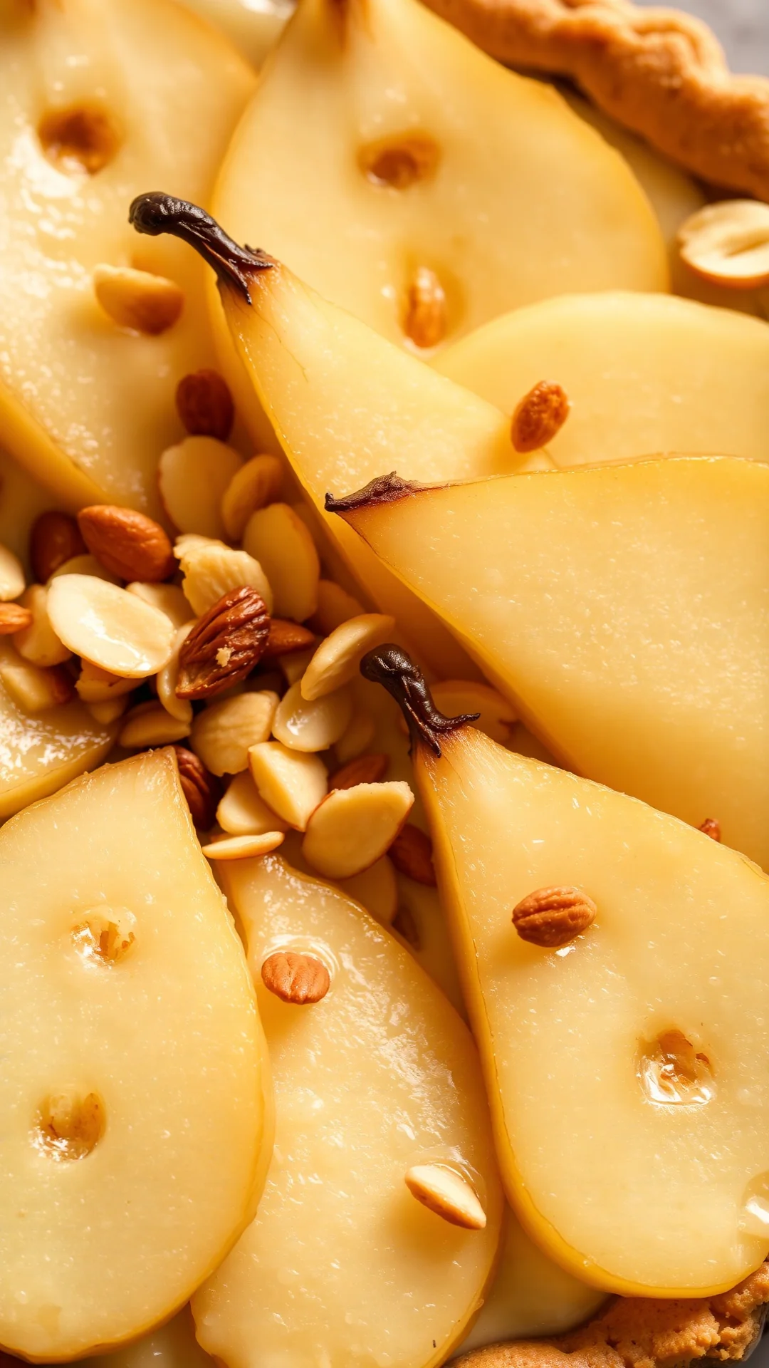 Close-up detail of fresh pear slices arranged on creamy almond filling in tart, golden toasted almonds sprinkled on top, warm