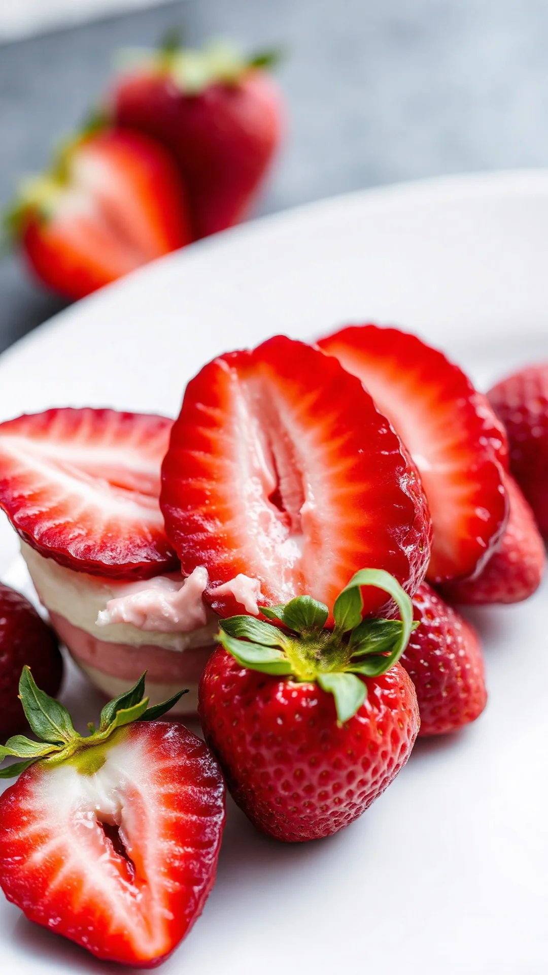 Close-up detail of fresh red strawberry sliced, creamy mousseline filling layers, elegant plating detail, professional food s