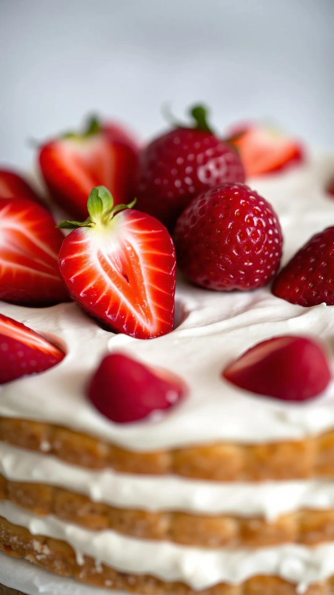 Close-up detail of fresh strawberry halves arranged in diplomat cream on fraisier cake layer, vibrant red berries, creamy whi