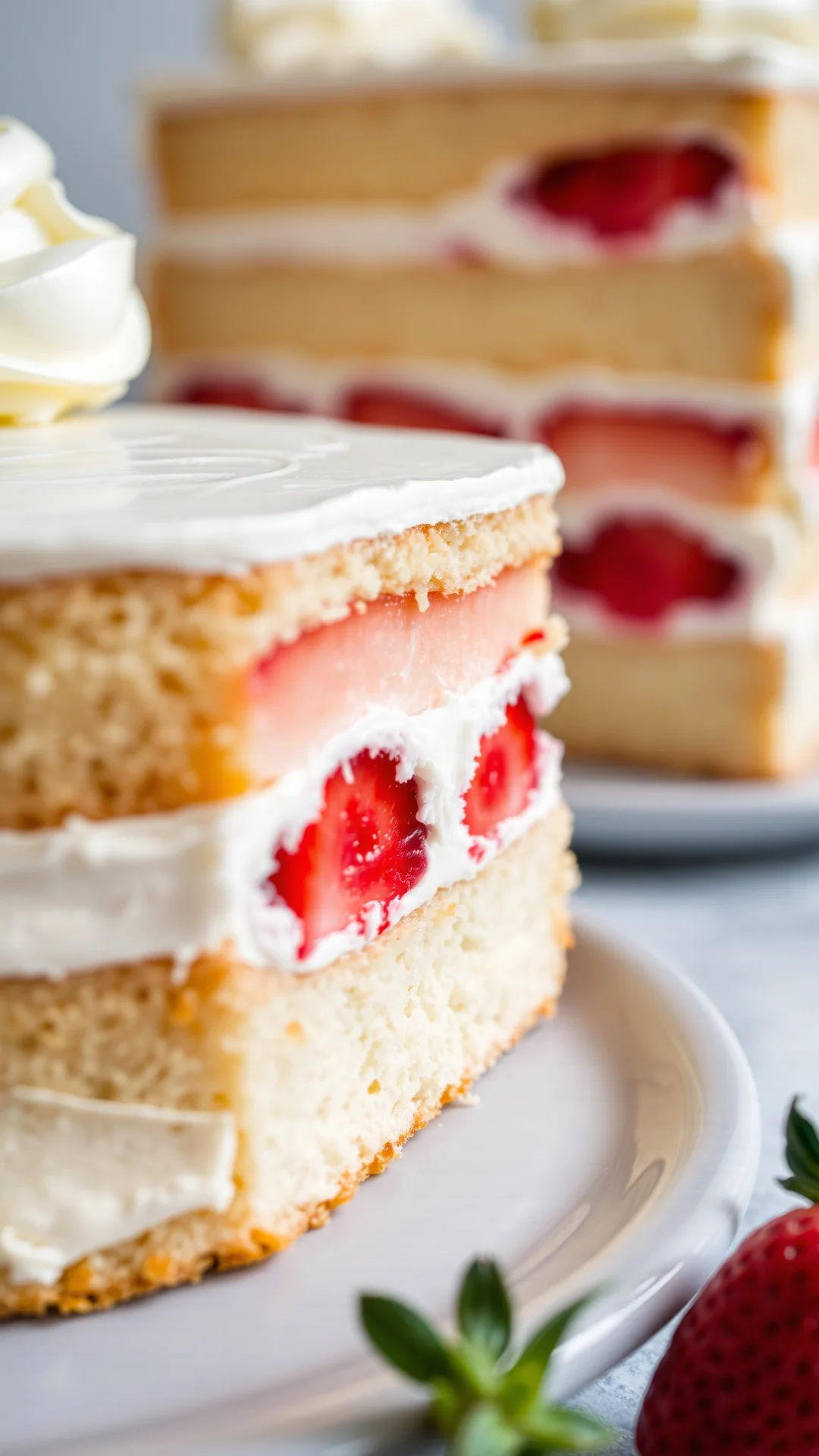 Close-up detail of fresh strawberry mascarpone cake cross-section showing layers, fluffy sponge cake, creamy filling with str