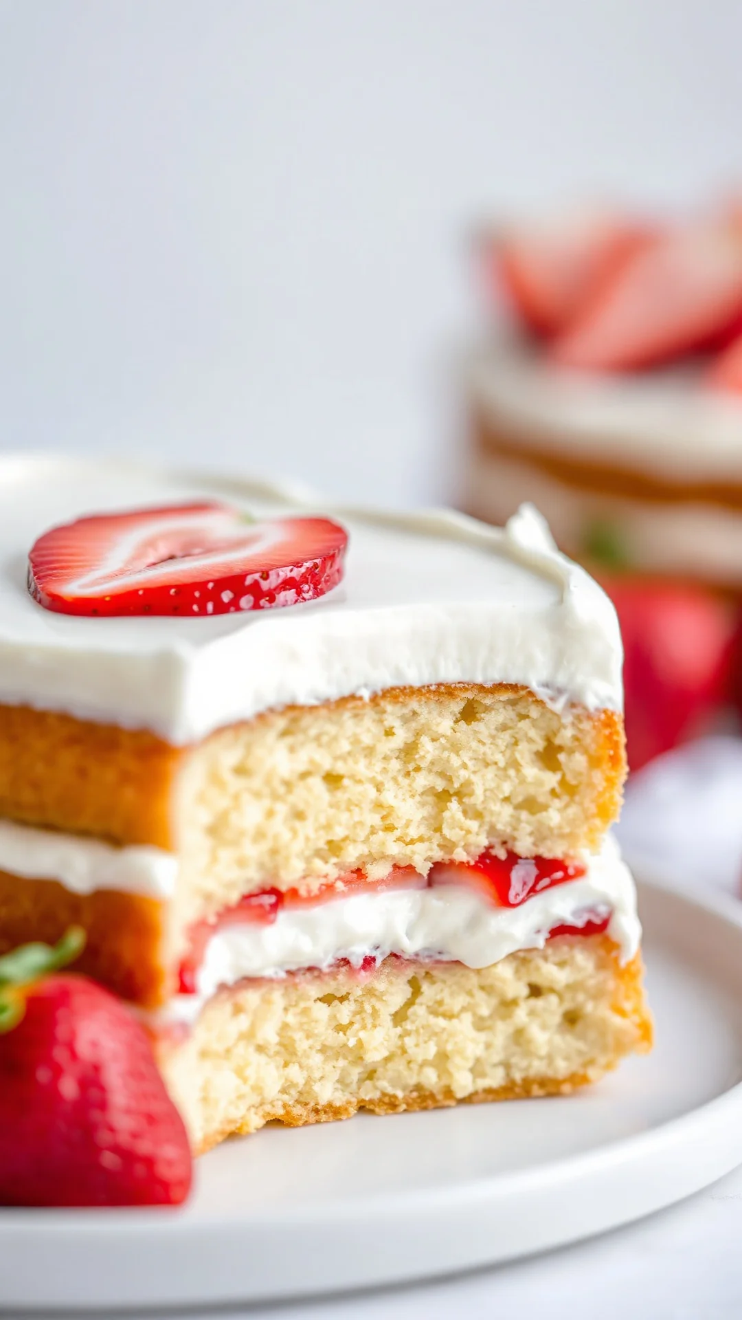 Close-up detail of gluten-free fraisier cross-section showing layers of sponge cake cream strawberries and white frosting on