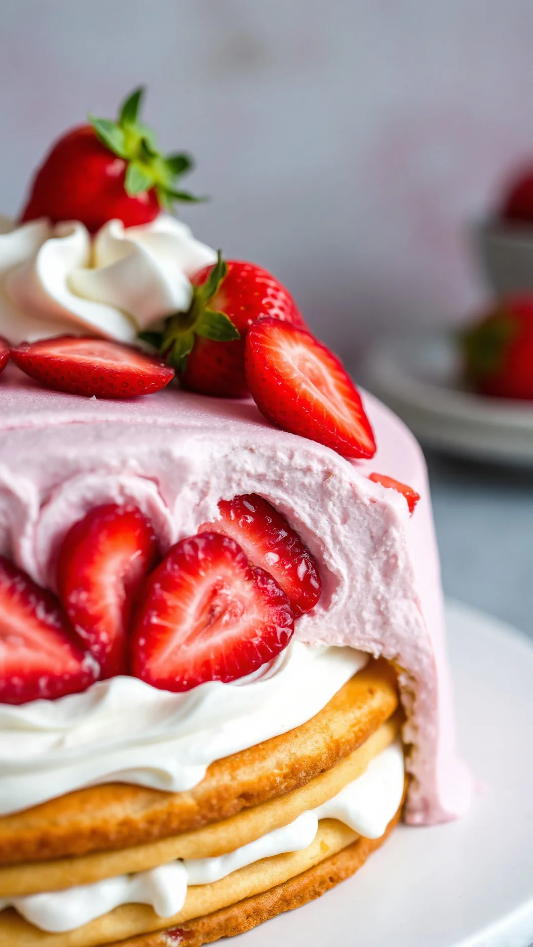 Close-up detail of homemade Fraisier cake cross-section showing layers, fresh strawberries, mousseline cream, and pink almond