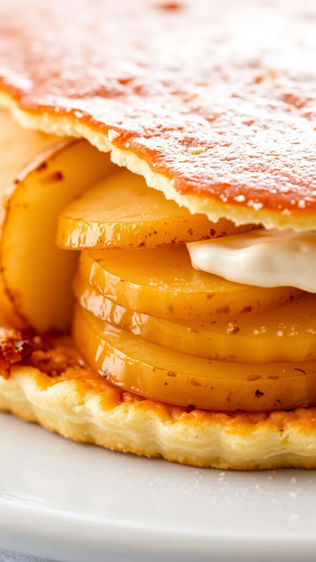 Close-up detail of layered pear tart showing caramelized pear slices, creamy pastry cream, and golden pâte brisée, macro fo