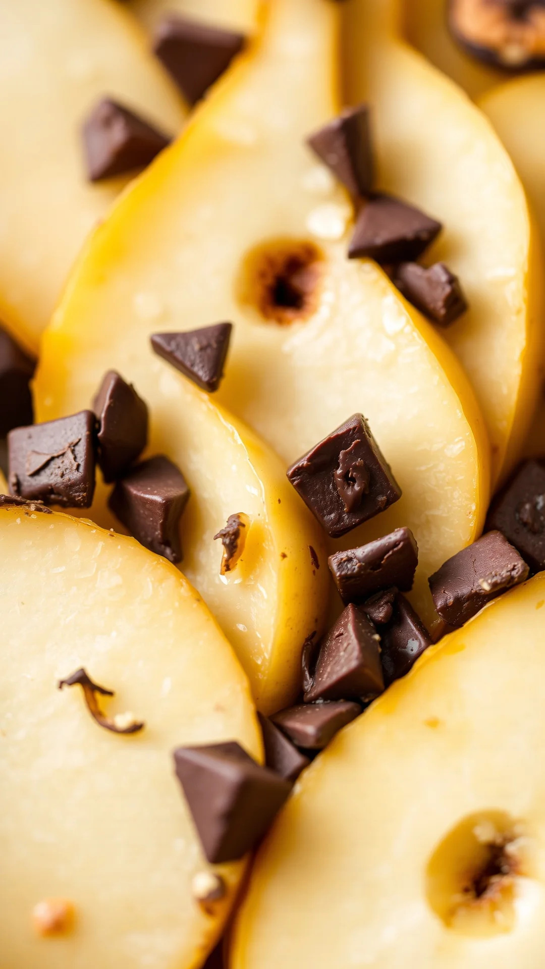 Close-up detail of sliced fresh pears arranged in rustic tart filling, golden almond cream with dark chocolate pieces, macro