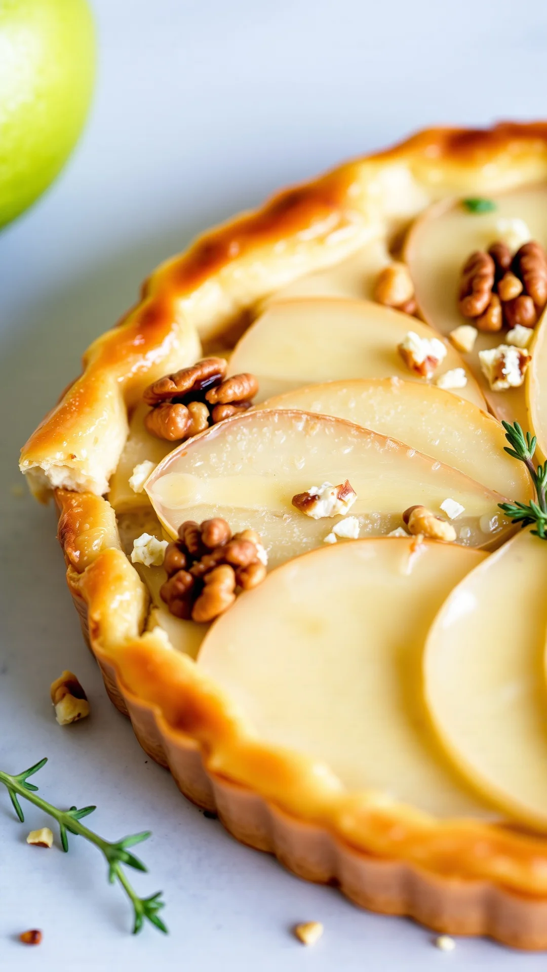 Close-up detail of sliced pear and roquefort tart showing creamy filling, roquefort cheese crumbles, walnut pieces, perfectly