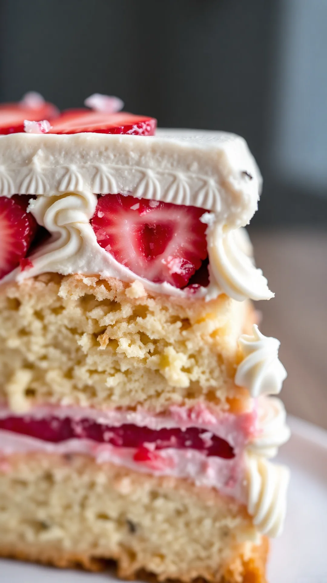 Close-up detail of strawberry fraisier cake cross-section showing cream and strawberry layers, gourmet pastry, macro photogra