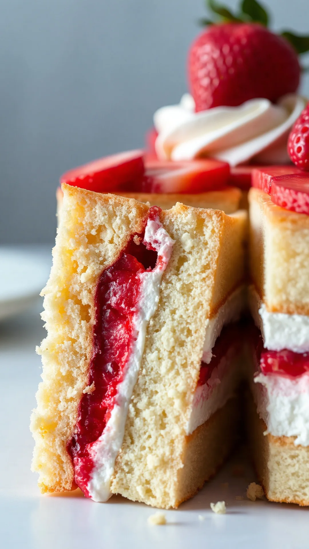 Close-up detail of strawberry layer in Fraisier cake, sliced cross-section showing mousseline cream and sponge cake, macro fo