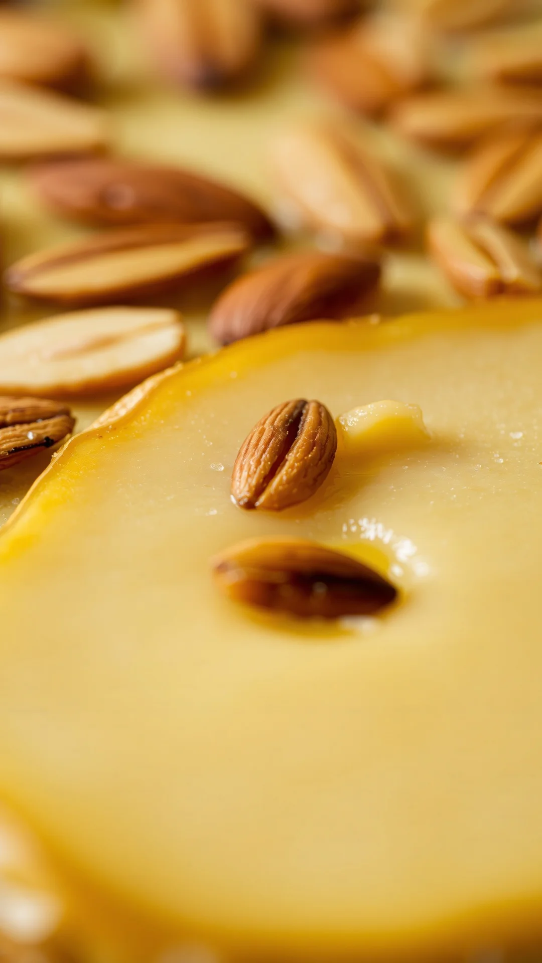 Close-up detail of Tarte Bourdaloue slice showing creamy almond filling, roasted sliced almonds, and tender poached pear half