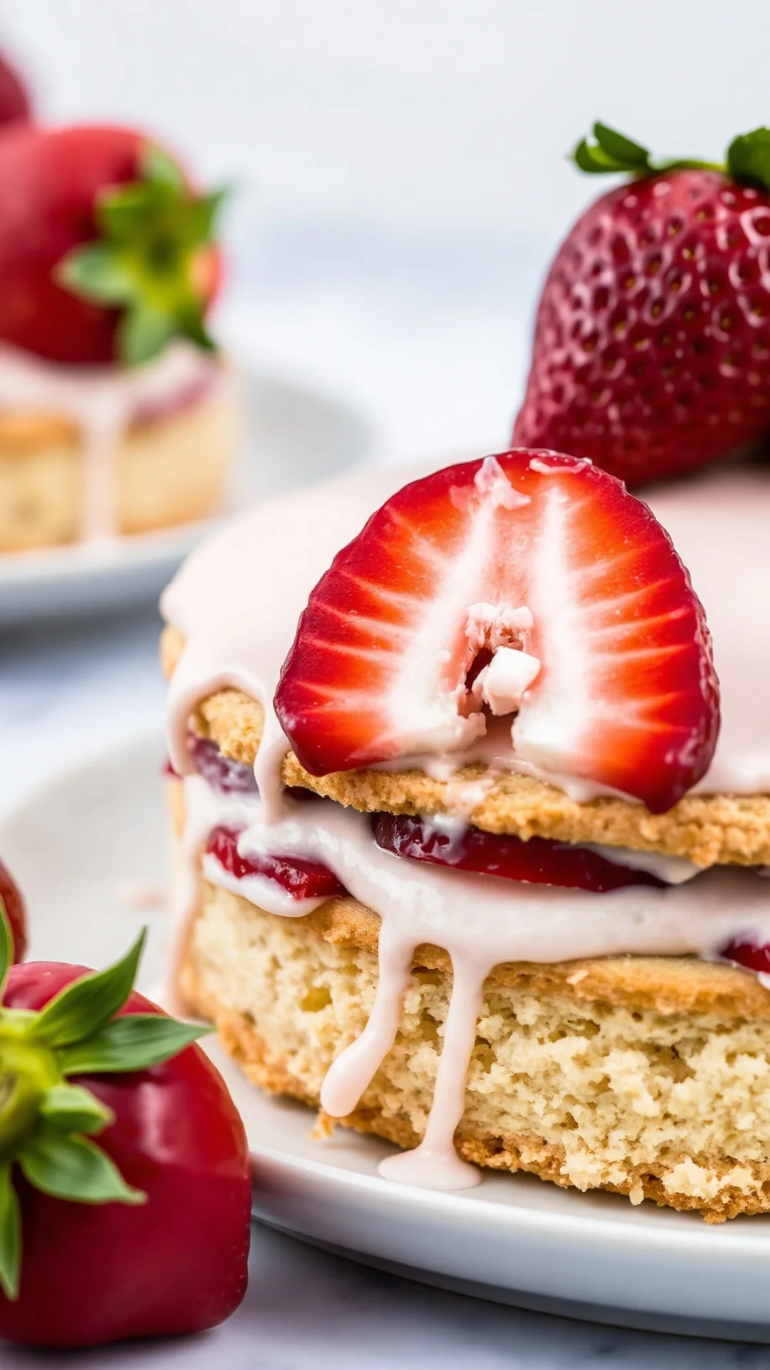 Close-up detail of vegan strawberry fraisier cake showing layers of genoise, creamy vegan filling, fresh sliced strawberries,