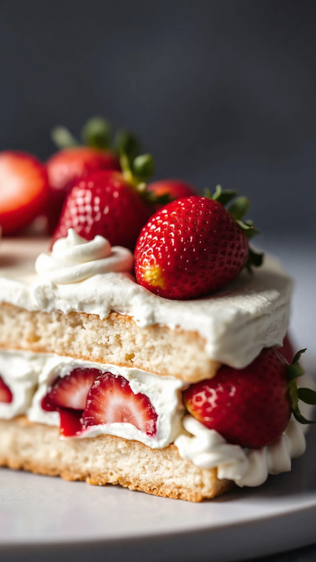 Close-up detail shot fraisier individual strawberry pastry layers visible, soft whipped cream, fresh red strawberries, delica