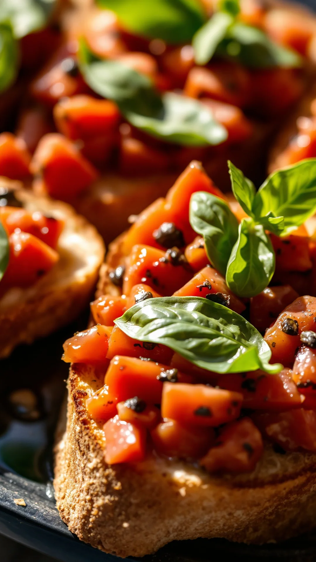Close-up detailed shot of bruschetta topped with fresh tomato mixture, basil leaves, olive oil drizzle, crispy toasted bread