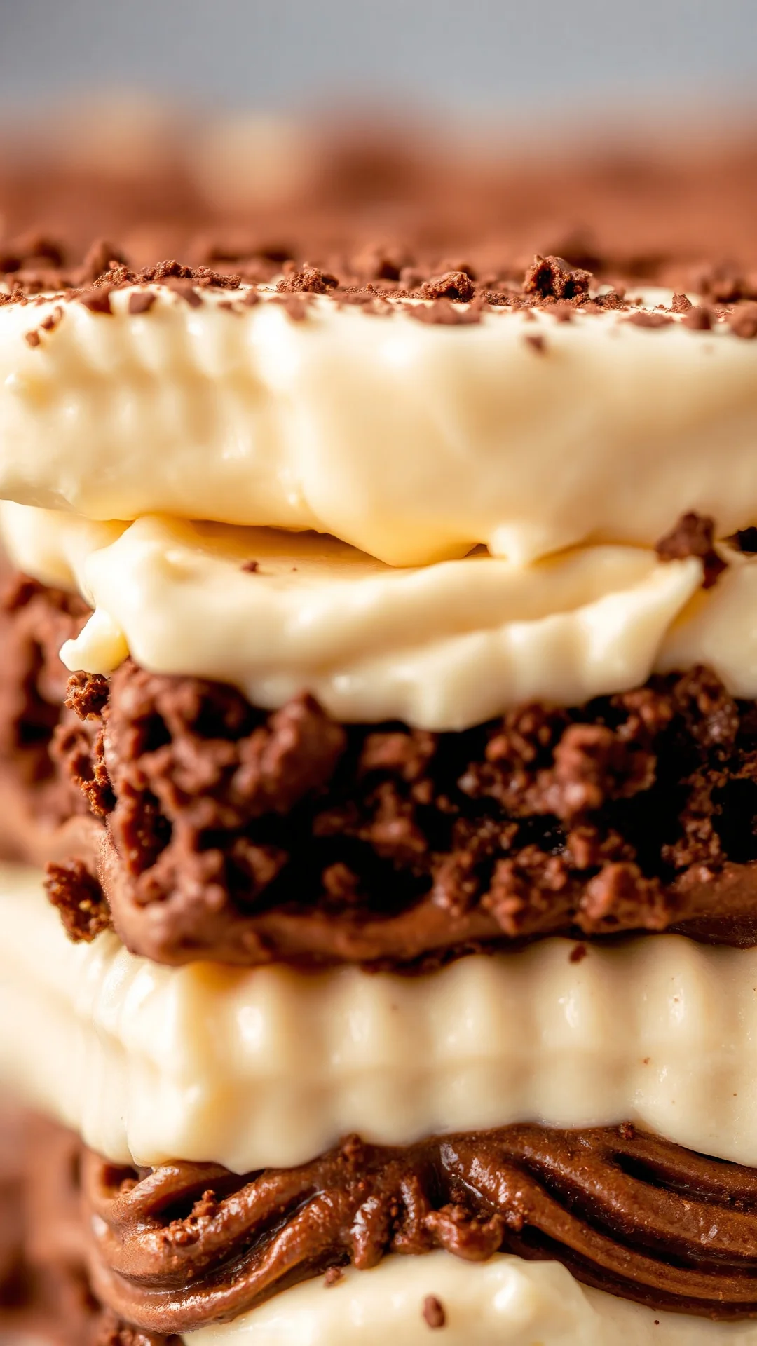 Close-up detailed shot of creamy mascarpone tiramisu layers, cocoa powder dusting, rich coffee-soaked ladyfinger, professiona